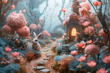 Cute rabbit sitting near house in a whimsical fantasy enchanted forest, soft pastel palette of pinks and blues. Fairy Tale Dreams