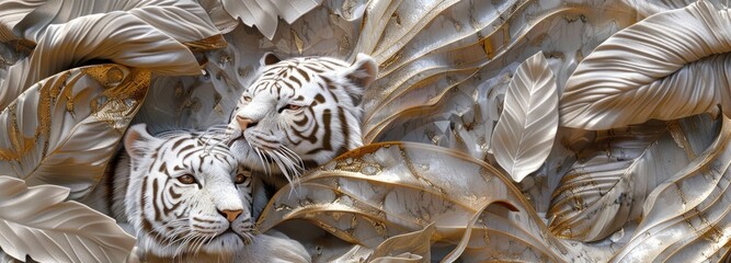 white tiger among marble leaves, in the style of gold and silver colors