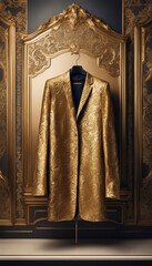 Golden Luxury: Men's Jacket with Golden Pattern Hanging on Hanger in Exquisite Interior with Gold Decor Elements