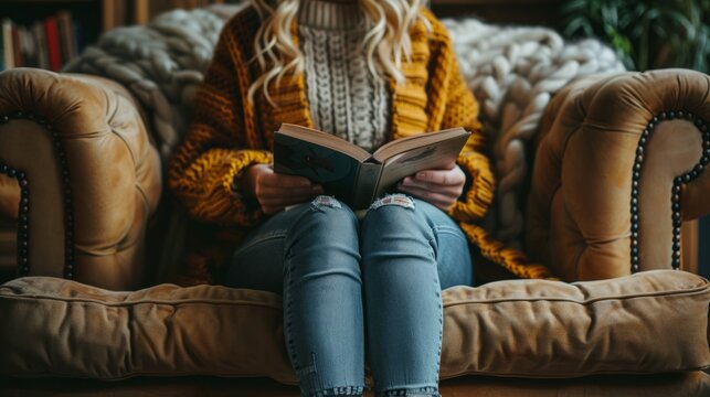 Relaxed reader enjoys a captivating novel while lounging on a plush sofa.