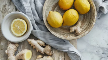 Fotobehang Healthy food photography background - Fresh ginger root and lemons in bowl on rustic wooden table in kitchen © Corri Seizinger