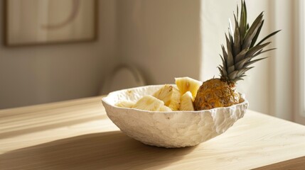 Healthy food photography background - Fresh pineapple in bowl on rustic wooden table in kitchen