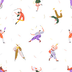 Circus, carnival and festival artists, seamless pattern design. Festive characters, clown, acrobat, jester and juggler, endless background. Carnaval, repeating print. Colored flat vector illustration