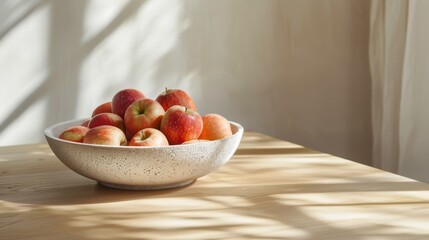 Healthy food photography background - Fresh apples in bowl on rustic wooden table in kitchen