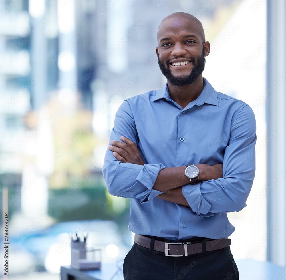 Poster black man, smile and portrait with arms crossed in office for job in startup with closeup for work. 