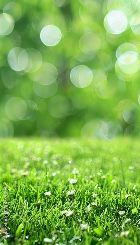 Poster blurred spring meadow with sunny sky gradient background and defocused bokeh elements
