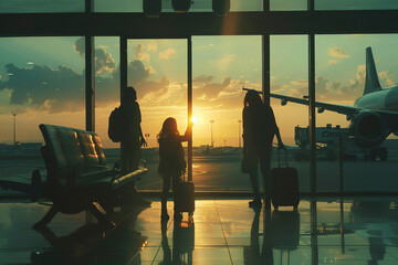 Silhouettes of a family with luggage, observing a sunset through airport windows