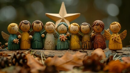 Charming wooden angel figurines showcased on a nature backdrop with autumn leaves - obrazy, fototapety, plakaty