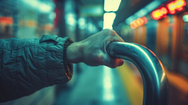 Commuter's grip on a subway handle, a snapshot of daily urban life.