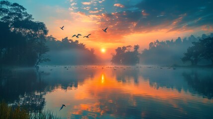 Flight begins over still lake as ducks ascend together, nature's synchrony displayed