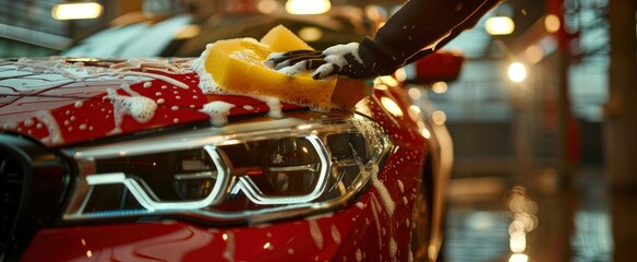 A person wearing black gloves washes the front of their red car with yellow sponges and white soap in an elegant modern garage,