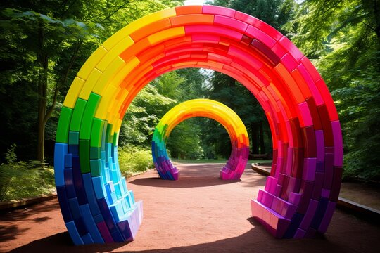 Polychromatic Rainbow Art: Vibrant Sculpture Garden Oasis