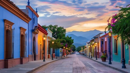 long clean street with colourful  buildings and mountains visible in the background at dusk - obrazy, fototapety, plakaty