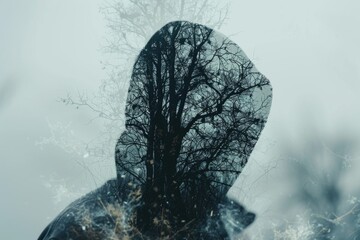 Person silhouetted against forest trees - obrazy, fototapety, plakaty
