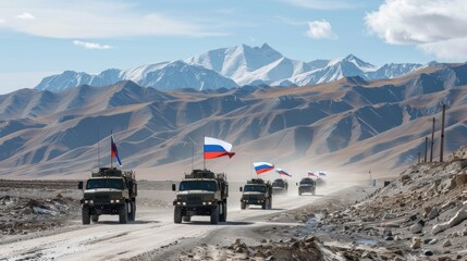 A line of Russian military vehicles with flags on them are driving along an asphalt road at full height, against which there is rocky terrain and mountains in the background.