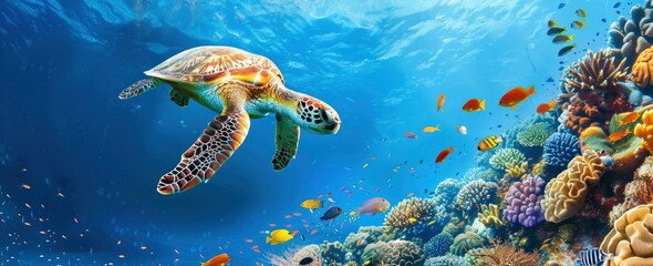 A sea turtle swimming gracefully in the deep blue ocean, surrounded by vibrant coral reefs and colorful fish.