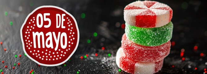 A stack of red, white and green candy on top of each other with the words 05 DE mayo written in bold letters next to it, black background, red round sticker shape with rounded edges