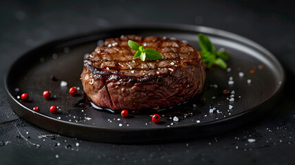 Juicy Steak on Black Plate. Generative AI