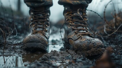 Muddy boots stand firm on a gritty terrain, confronting the harsh reality symbolized by barbed wire