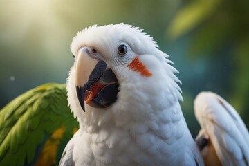 close up of a yellow and white parrot
