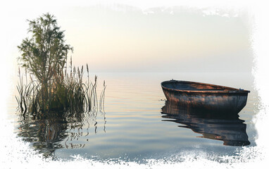 Dusk Settling Over a Tranquil Lake, Rowboat Drifting Silently isolated on transparent background...