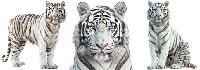 White tiger bundle, standing, portrait and sitting, isolated on a transparent background © Flowal93