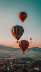 Naklejka premium Colorful hot air balloons drifting peacefully over picturesque mountain landscape