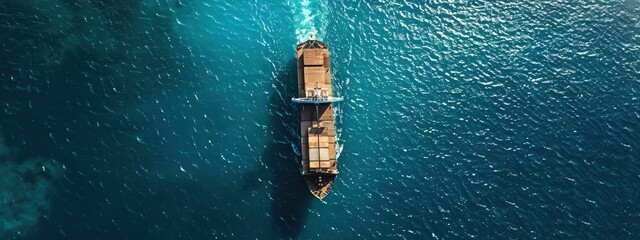 Aerial view of cargo ship with containers sailing in the sea, container transport and global business concept. - obrazy, fototapety, plakaty