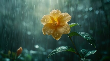 A vibrant orange flower shines under a ray of sunlight amidst a gentle rain shower