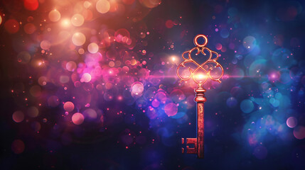 Vintage key on abstract bokeh background. Magic background