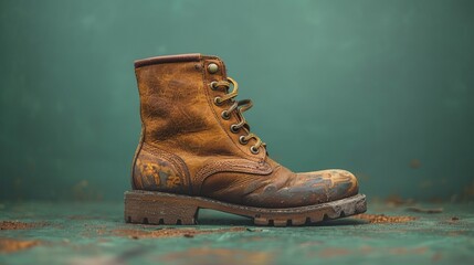 Vintage leather boot on a weathered wooden floor, worn and rustic - obrazy, fototapety, plakaty