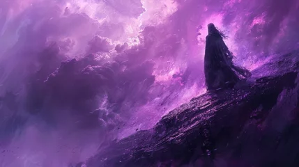 Fototapete Rund Mystical figure in a flowing cloak overlooking a stormy purple landscape © Yusif
