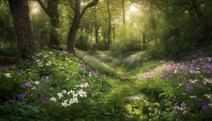 A hidden glade filled with blooming flowers upscaled 3 - obrazy, fototapety, plakaty