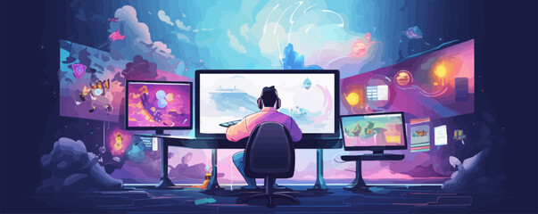 Gamer at computer streaming and commentating game process, tiny people. Video game walkthrough, popular video content, gaming video stream concept. Vector isolated concept creative illustration