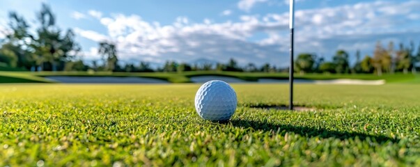 a golf ball near the hole on green grass with a flag, blue sky in the background. - obrazy, fototapety, plakaty