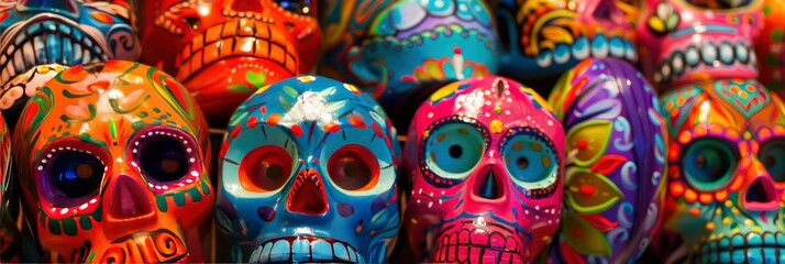 Fototapeta na wymiar skulls painted in vibrant colors and patterns, were on display on shelf. Day of the Dead