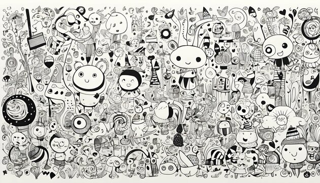 Doodle art filled with whimsical characters objec