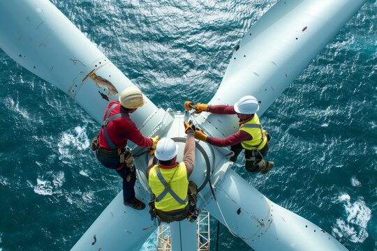 Technicians, wearing safety gear, are working on a wind turbine by using a variety of tools to maintain and clean the gigantic wind turbine located in a ocean