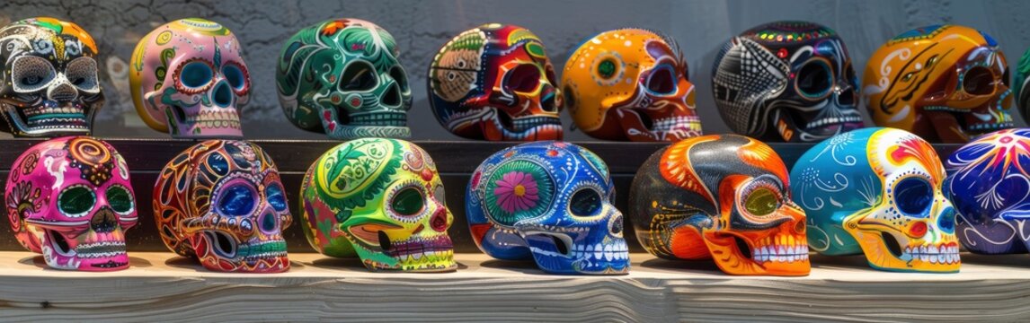  skulls painted in vibrant colors and patterns, were on display on shelf. Day of the Dead