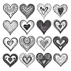 Hand drawn heart. Set of different heart. Doodle hand drawn hearts. Valentine's Day set. Vector illustration isolated on white background.