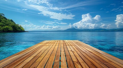 Teak deck shines under clear skies, overlooking tranquil waters stretching to distant lands.