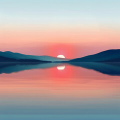 3D vector of a sunset over a calm lake, serene and warm, perfect summer evening