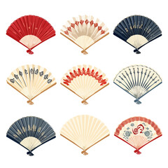 Hand fan icons collection. Folding eastern accessory. Vector illustration isolated on white background