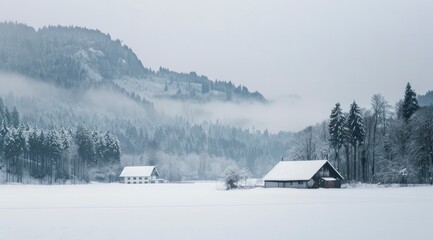 scene of a field covered in snow, a house and a forest with hazy mountains in the distance