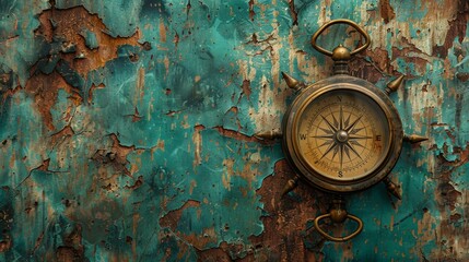 Vintage brass compass on a distressed turquoise painted surface