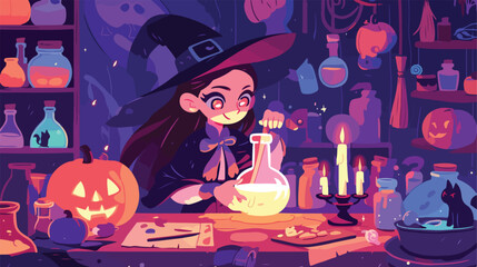 Witch bunny making potion in halloween day. 2d flat