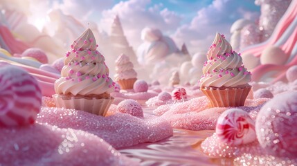Surreal dessert scene with conical treats in soft-hued twists standing amidst a landscape of candies