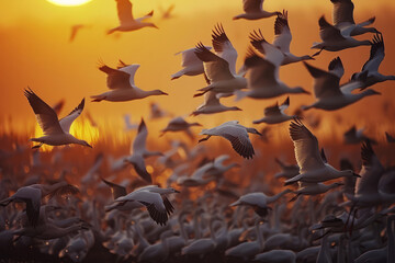 Naklejka premium Flocks of migratory birds flying at sunset