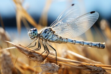 A dragonfly is perched on top of dry grass in a field, showcasing its delicate wings and vibrant colors under the sunlight