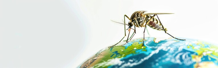 Close-up mosquito on top of the Earth globe, Isolated white background - obrazy, fototapety, plakaty